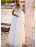 Short Sleeves Beaded Ivory Lace Tulle Keyhole Back Wedding Dress